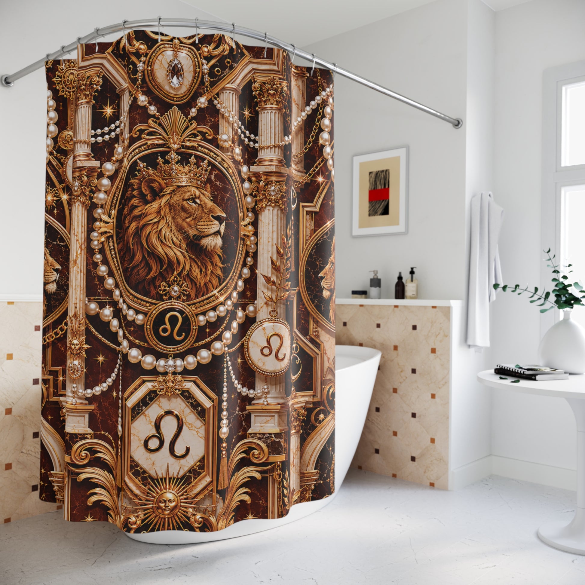 Decorative shower curtain with lion Luxury Leo Zodiac design in a bathroom setting