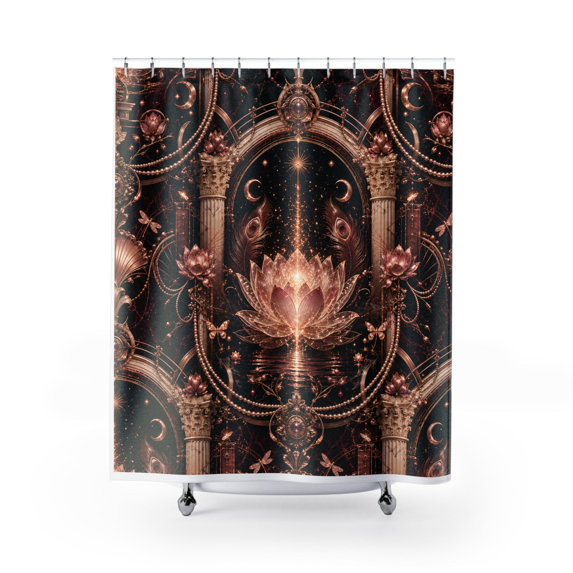 A shower curtain featuring an ornate, symmetrical gothic design with a glowing lotus flower, columns, crescent moons, and stars in metallic bronze and gold tones against a dark background. The curtain is shown hanging from silver hooks on a white rod, with a white tub edge and silver feet visible at the bottom.