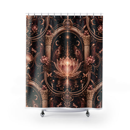 A shower curtain featuring an ornate, symmetrical gothic design with a glowing lotus flower, columns, crescent moons, and stars in metallic bronze and gold tones against a dark background. The curtain is shown hanging from silver hooks on a white rod, with a white tub edge and silver feet visible at the bottom.