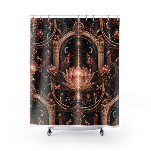 A shower curtain featuring an ornate, symmetrical gothic design with a glowing lotus flower, columns, crescent moons, and stars in metallic bronze and gold tones against a dark background. The curtain is shown hanging from silver hooks on a white rod, with a white tub edge and silver feet visible at the bottom.