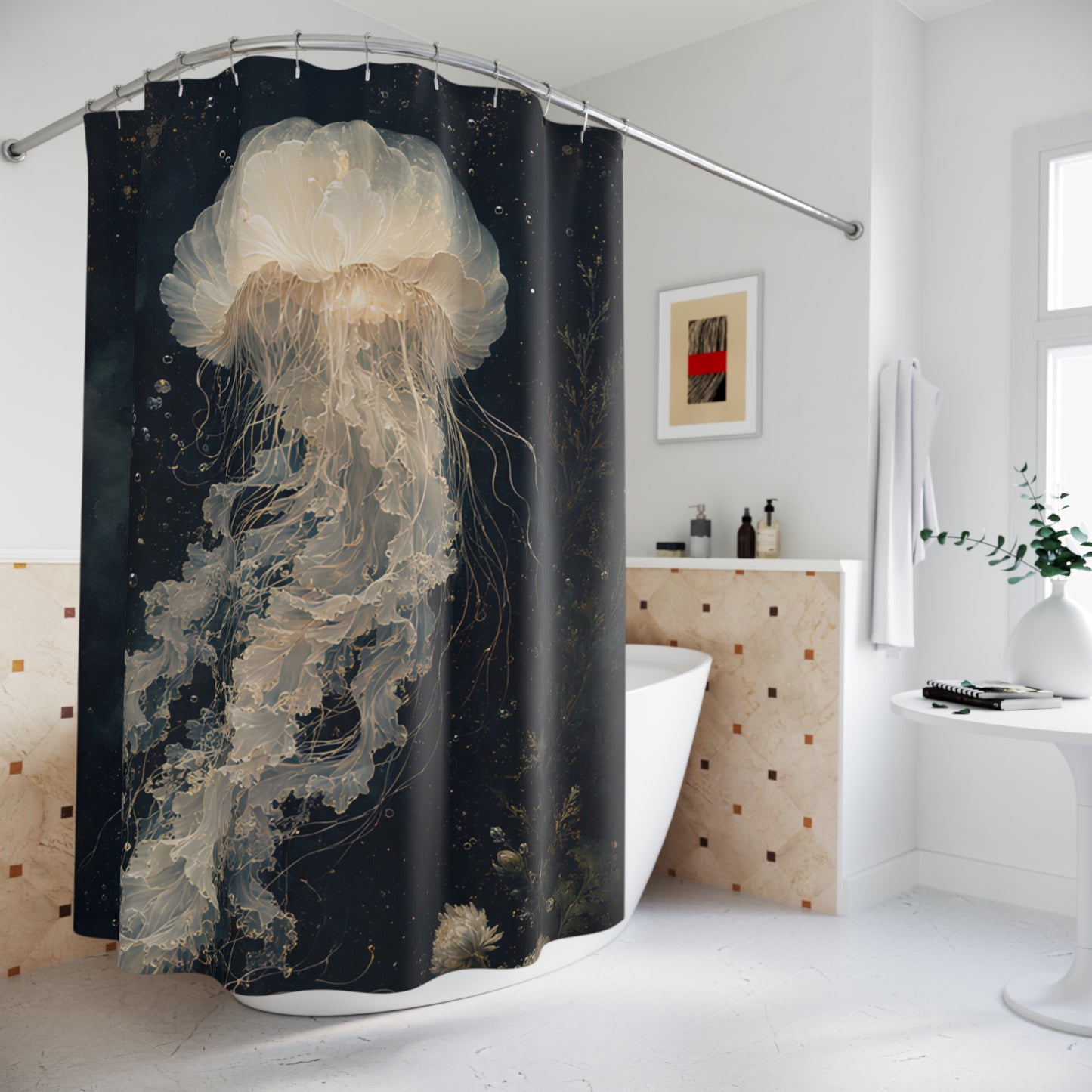 A black shower curtain featuring a large cream-colored jellyfish design, hanging in a bright, modern white bathroom next to a bathtub.