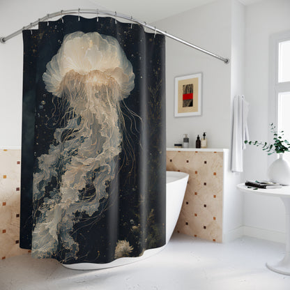 A black shower curtain featuring a large cream-colored jellyfish design, hanging in a bright, modern white bathroom next to a bathtub.