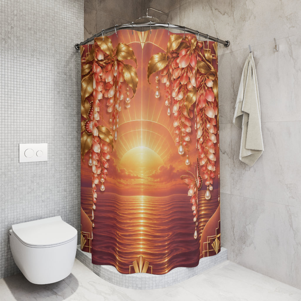 Sunset Pearl Floral Shower Curtain — Romantic Coastal Sunset Bathroom Decor