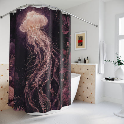 A fabric shower curtain featuring a large pink and purple jellyfish design on a dark background, hanging in a modern white bathroom.
