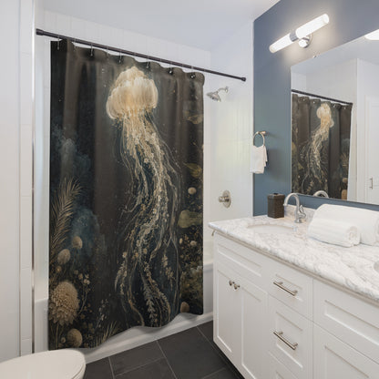A dark shower curtain with a large beige jellyfish and underwater plant print hanging in a modern white and blue bathroom.