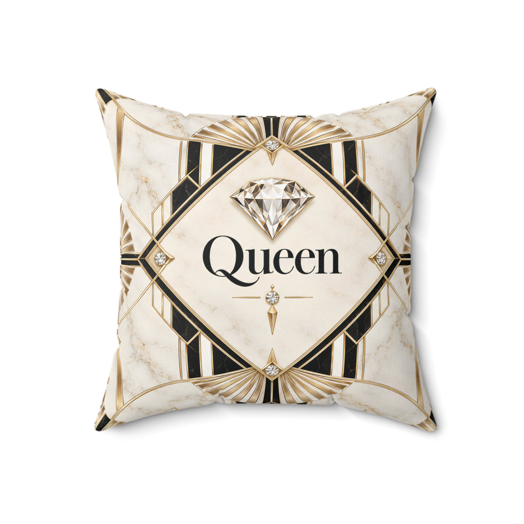 A square decorative throw pillow with an Art Deco design featuring a cream marble background, black and gold geometric patterns, and a central diamond graphic above the word 'Queen' in black script.