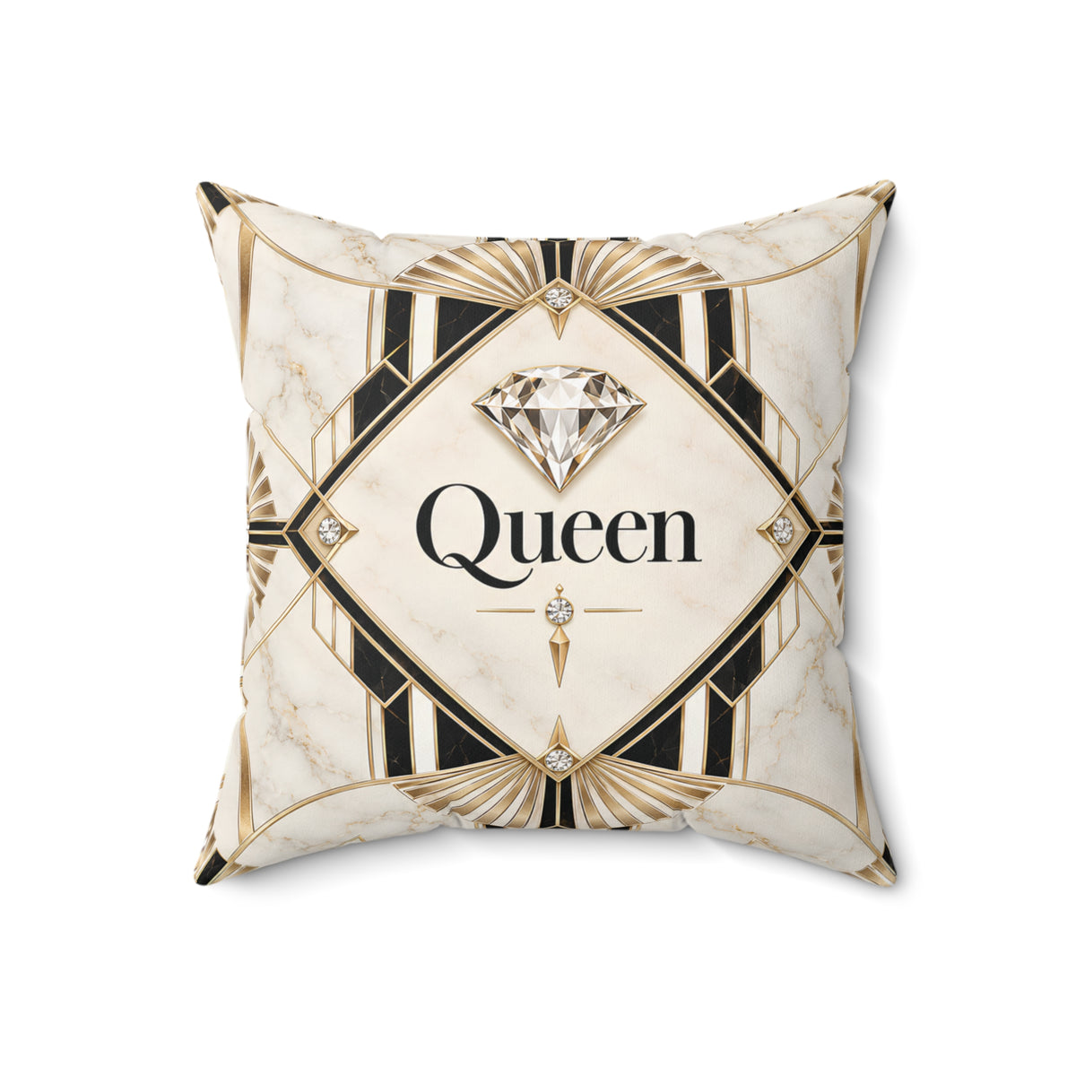 A square decorative throw pillow with an Art Deco design featuring a cream marble background, black and gold geometric patterns, and a central diamond graphic above the word 'Queen' in black script.