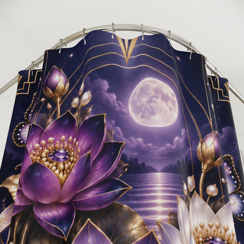 Moonlit Lotus Shower Curtain — Purple Floral, Mystical Moonbath Bathroom Decor
