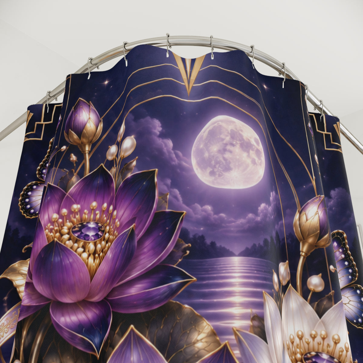 Moonlit Lotus Shower Curtain — Purple Floral, Mystical Moonbath Bathroom Decor
