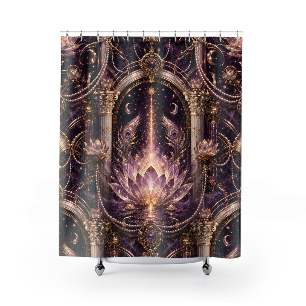A shower curtain featuring an ornate, symmetrical fantasy design with a glowing lotus flower, columns, crescent moons, and celestial details in purple, gold, and black tones, shown hanging over a white tub against a light gray background.