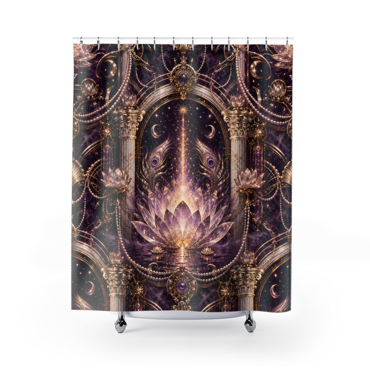 A shower curtain featuring an ornate, symmetrical fantasy design with a glowing lotus flower, columns, crescent moons, and celestial details in purple, gold, and black tones, shown hanging over a white tub against a light gray background.