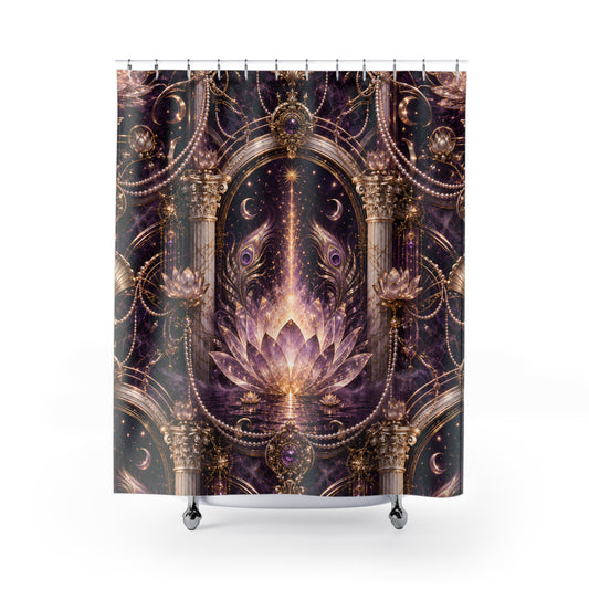 A shower curtain featuring an ornate, symmetrical fantasy design with a glowing lotus flower, columns, crescent moons, and celestial details in purple, gold, and black tones, shown hanging over a white tub against a light gray background.