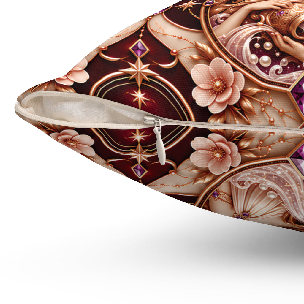 Close-up of a decorative throw pillow with a detailed vintage-style print featuring pink flowers, gold filigree, and a deep burgundy background, shown with the zipper partially open.