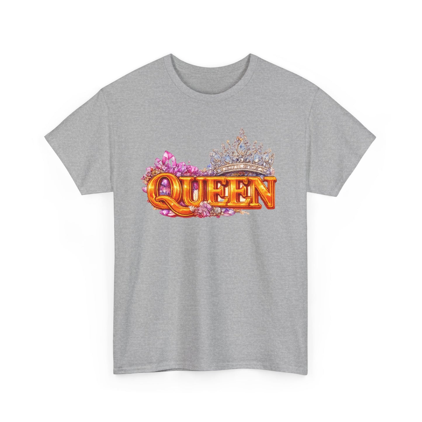 Gray t-shirt with 'QUEEN' text and crown design on a white background