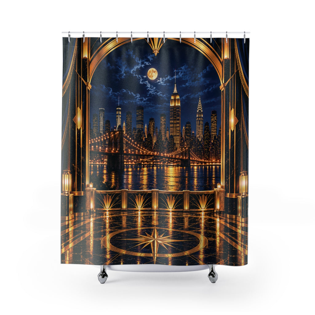 Midnight in Manhattan – Navy Blue & Gold NYC Skyline Shower Curtain | Luxury Art Deco Bathroom Décor