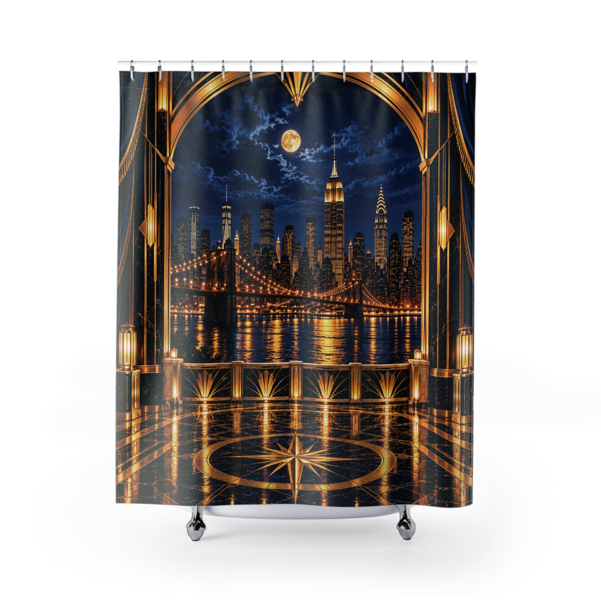 Midnight in Manhattan – Navy Blue & Gold NYC Skyline Shower Curtain | Luxury Art Deco Bathroom Décor