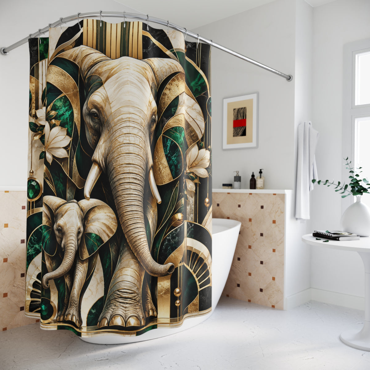 Elephant — Gold & Emerald SafarShower Curtain — i Bathroom Decor