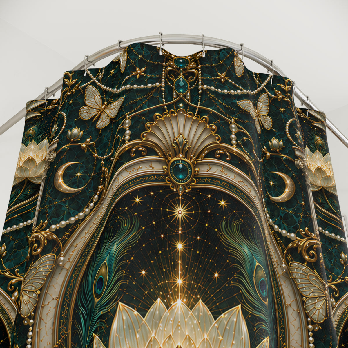 An ornate decorative textile or wall hanging with a fantasy-inspired design, featuring dark teal and black  shower curtain, gold filigree, crescent moons, stars, lotus flowers, peacock feather motifs, and pearl-like bead strands.