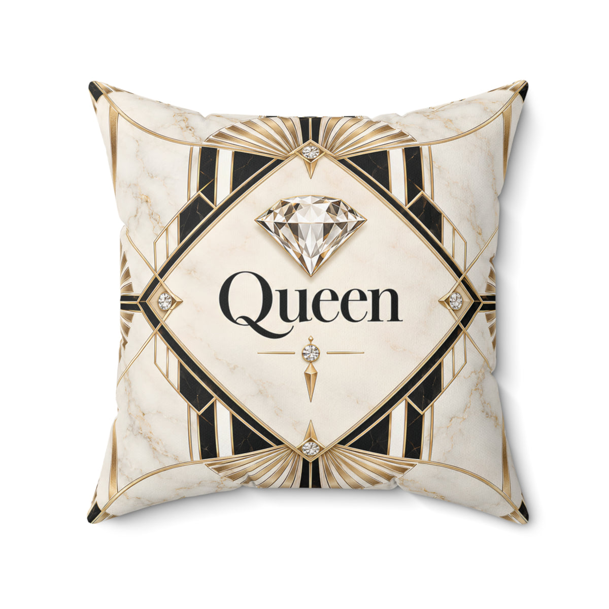 A square decorative throw pillow with an Art Deco style design. The pillow features a cream and white marble background with black and gold geometric patterns, a large faceted diamond graphic, and the word 'Queen' printed in black serif font in the center.