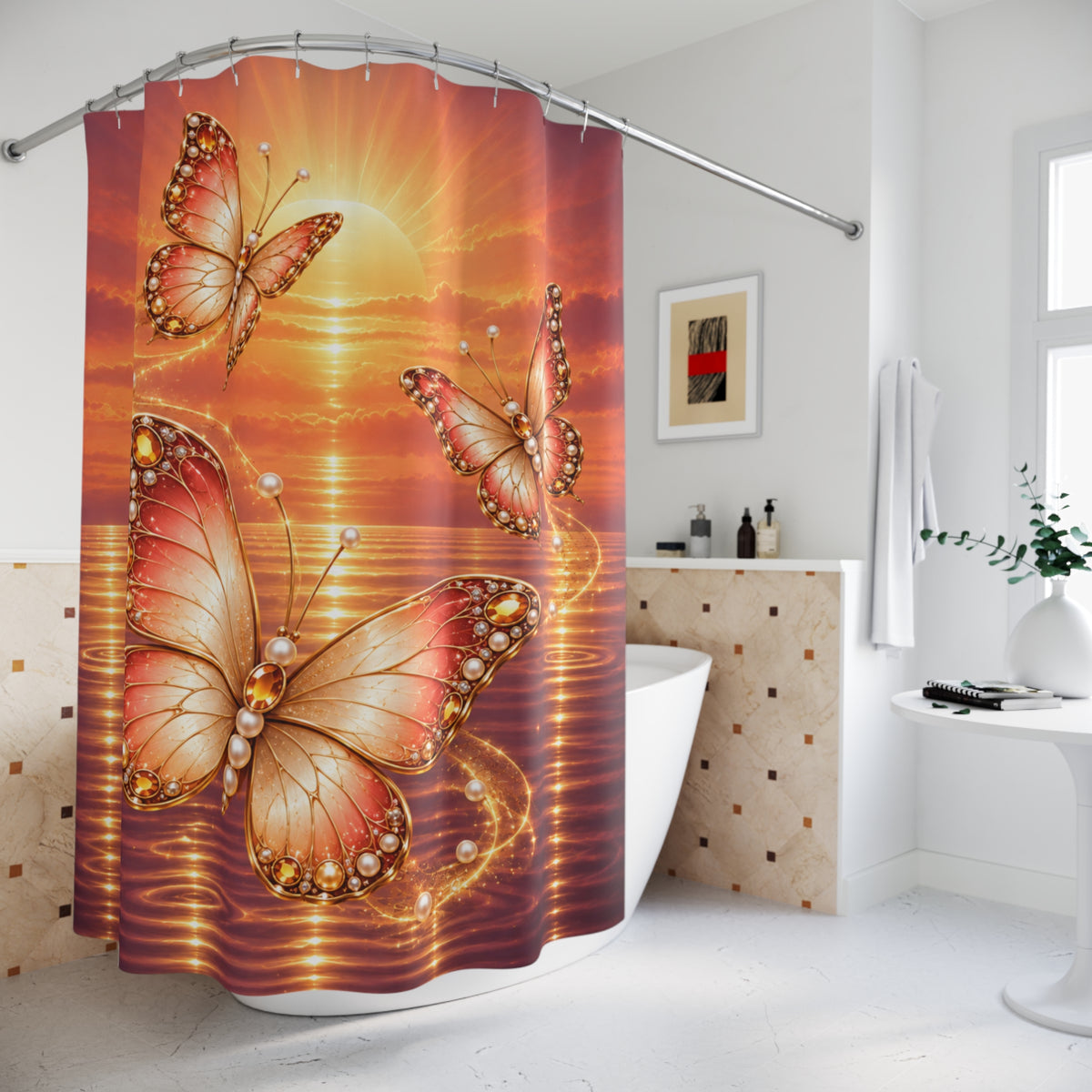 A shower curtain featuring a vibrant sunset and gold butterfly print, hanging in a modern white bathroom with a bathtub and tiled counter.