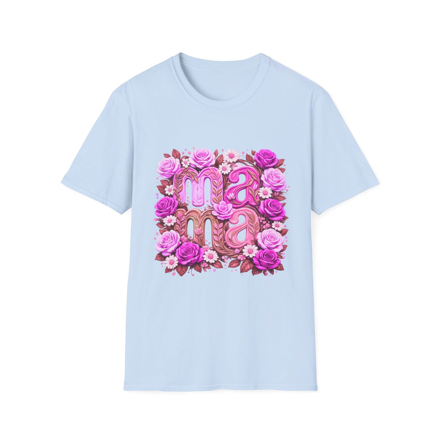 Light blue t-shirt with 'mama' design featuring flowers on a white background