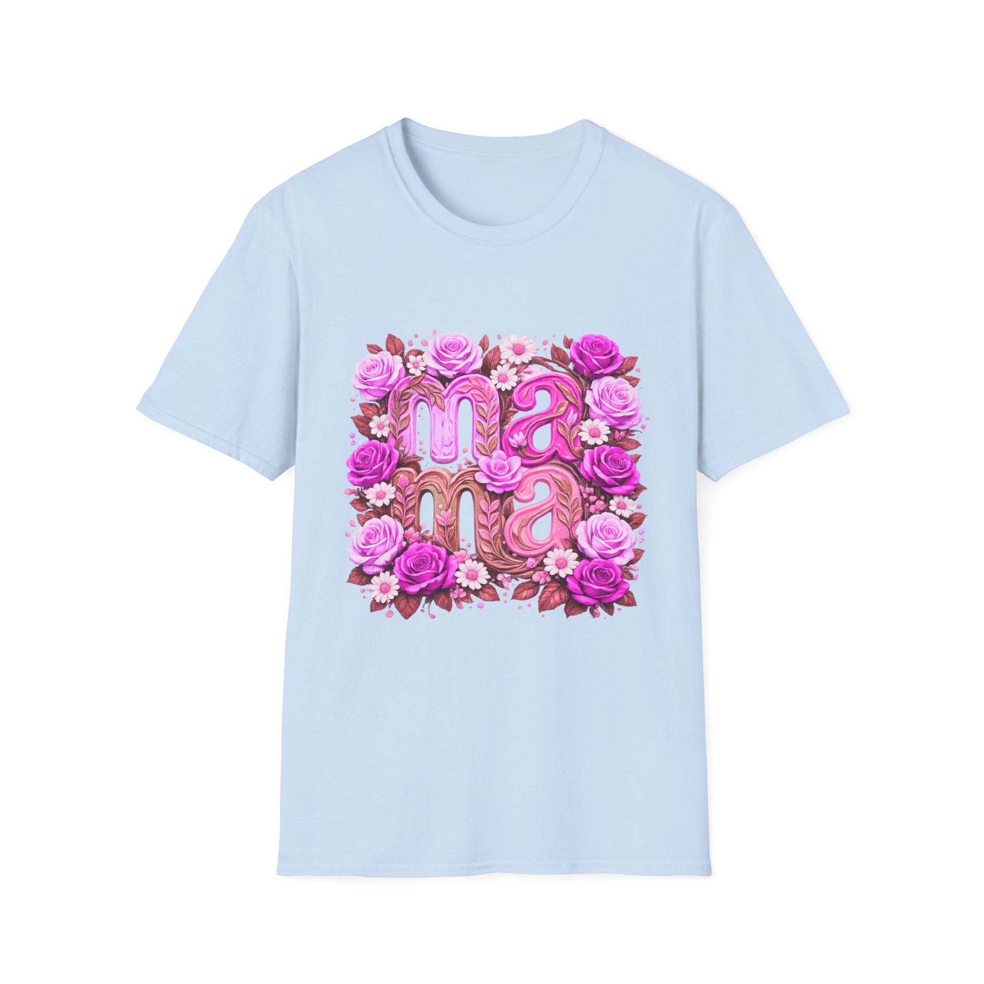 Light blue t-shirt with 'mama' design featuring flowers on a white background