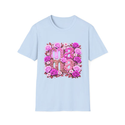 Light blue t-shirt with 'mama' design featuring flowers on a white background