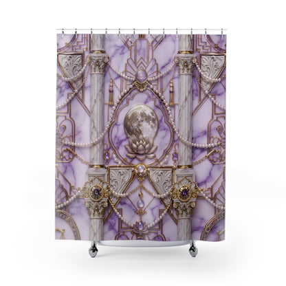 Moonlit Baroque Shower Curtain — Purple Marble, Pearls & Ornate Columns