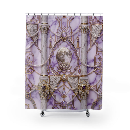 A shower curtain featuring an ornate fantasy-style design with purple marble textures, gold filigree, pearl-like chains, and a central moon motif, shown hanging on a white background with hooks and small feet visible.