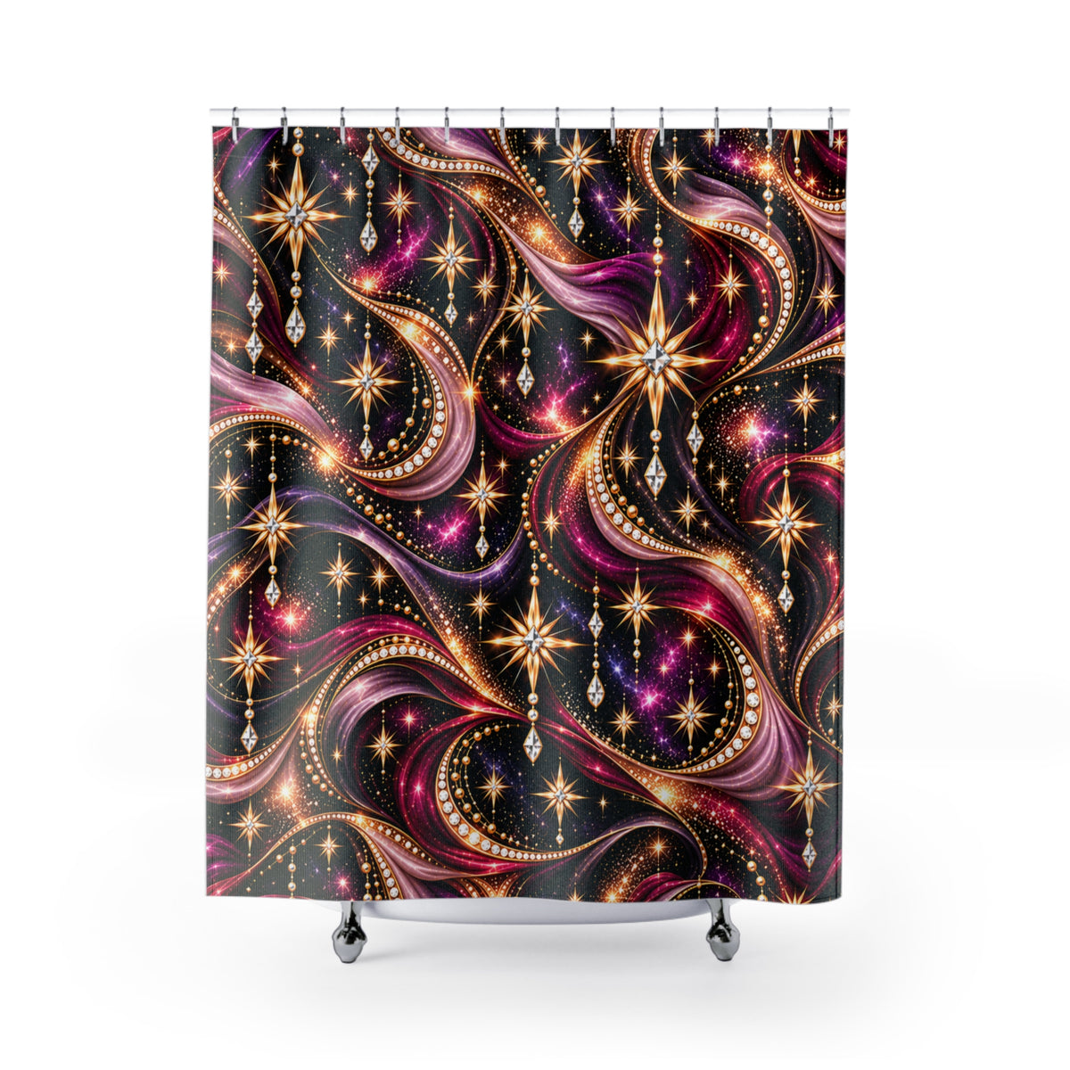 Glam Galaxy Shower Curtain — Starburst Jewel Swirl Bathroom Decor