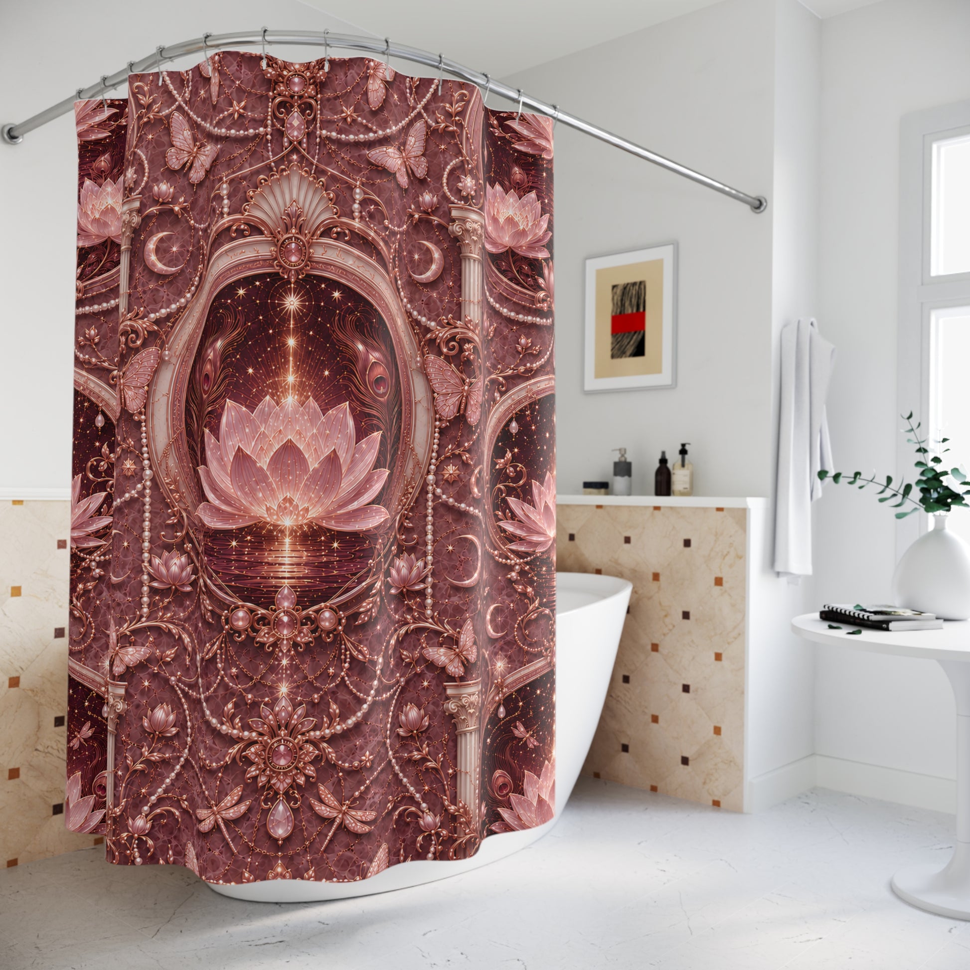 A shower curtain with an ornate baroque-style design featuring a large pink lotus flower, butterflies, and intricate filigree patterns in dusty rose, mauve, and bronze tones, hanging in a bright white bathroom.