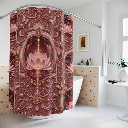 A shower curtain with an ornate baroque-style design featuring a large pink lotus flower, butterflies, and intricate filigree patterns in dusty rose, mauve, and bronze tones, hanging in a bright white bathroom.