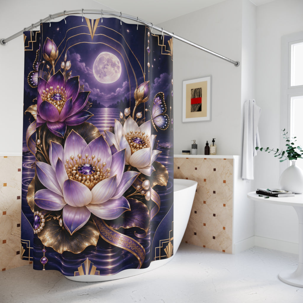 Moonlit Lotus Shower Curtain — Purple Floral, Mystical Moonbath Bathroom Decor