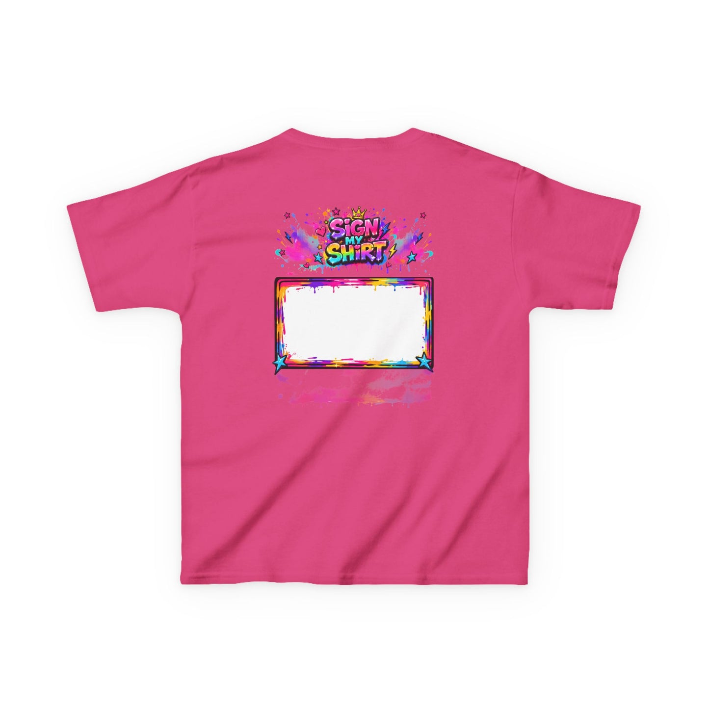 Pink t-shirt with colorful graphic design on a white background