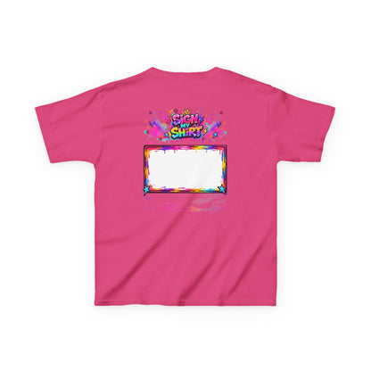 Pink t-shirt with colorful graphic design on a white background