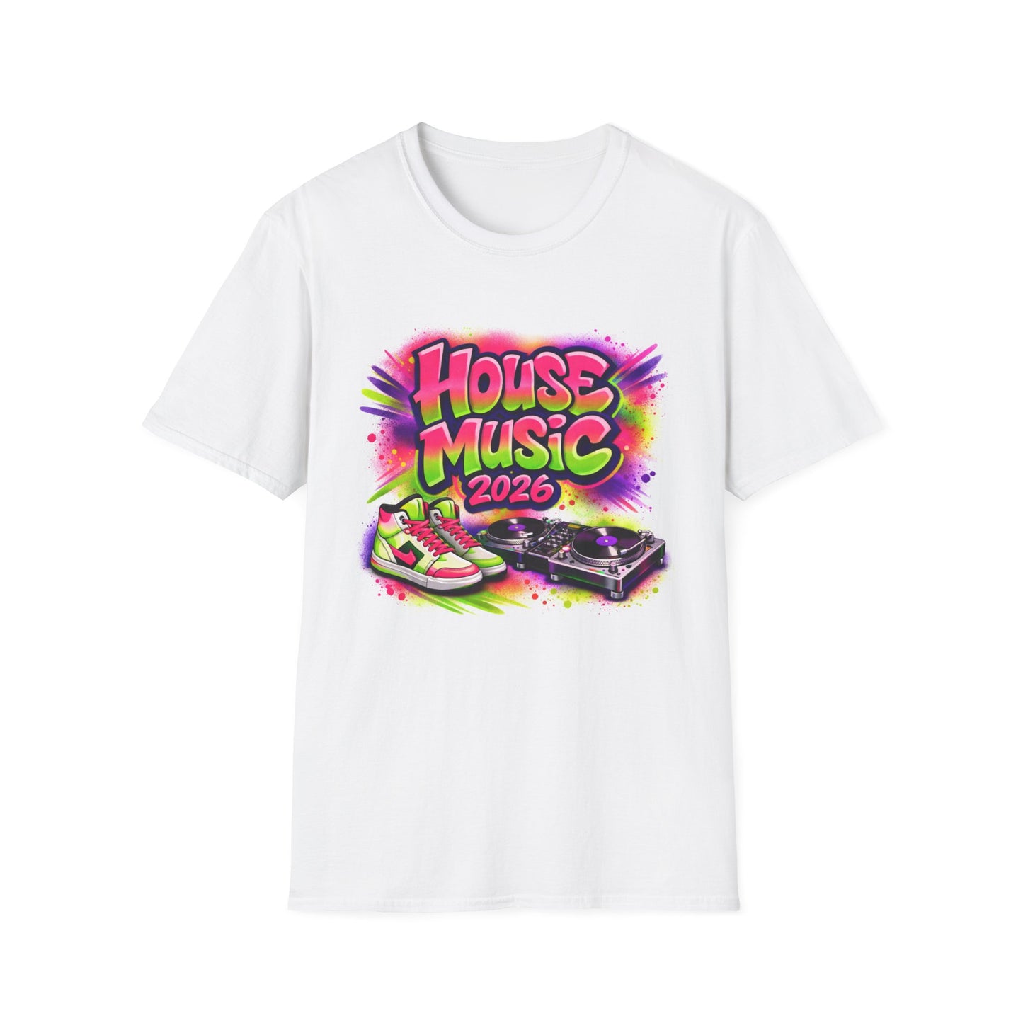 White t-shirt with 'House Music 2026' graphic design on a white background