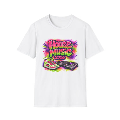 White t-shirt with 'House Music 2026' graphic design on a white background