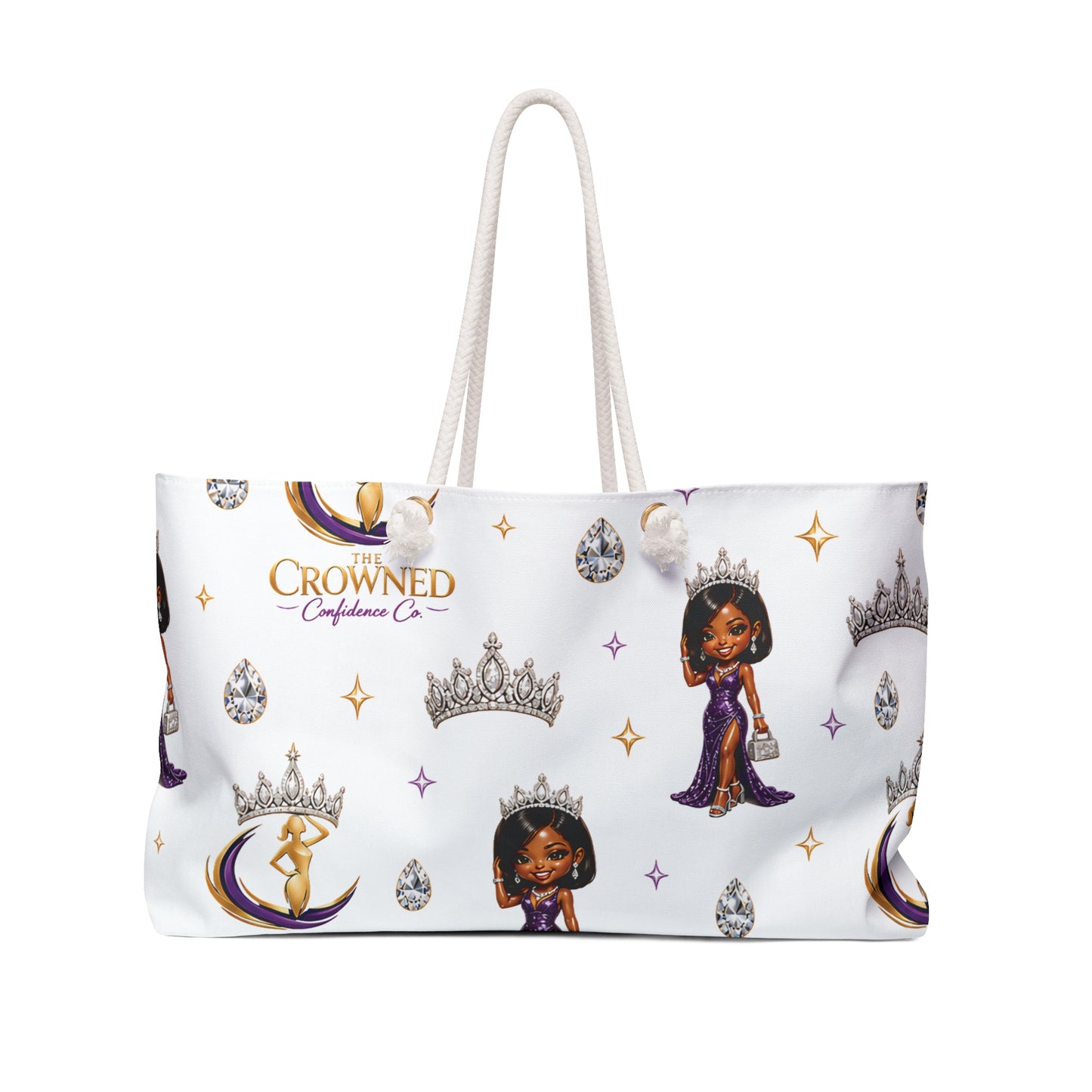Tote bag with 'The Crowned Confidence Co' branding and princess designs on a white background