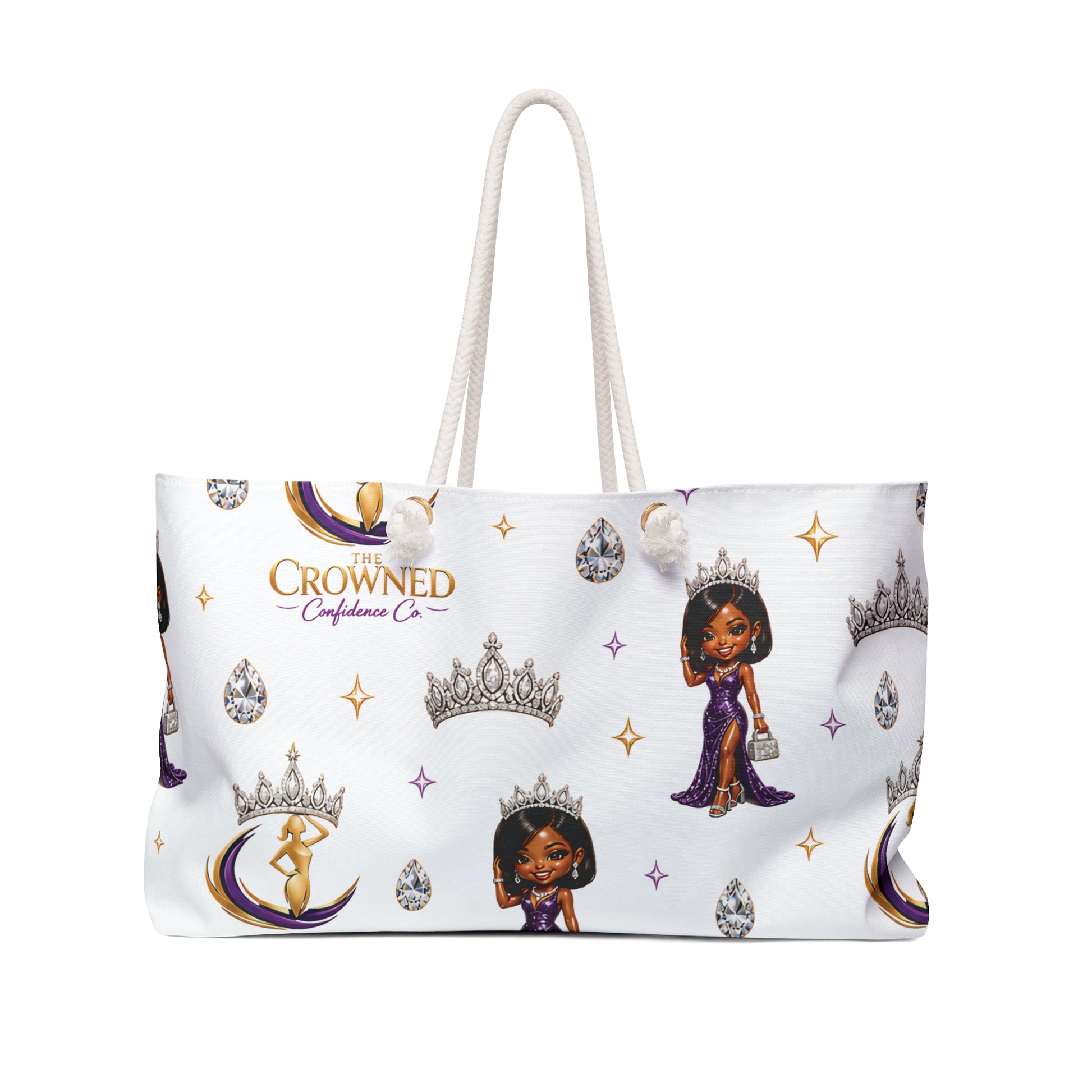 Tote bag with 'The Crowned Confidence Co' branding and princess designs on a white background