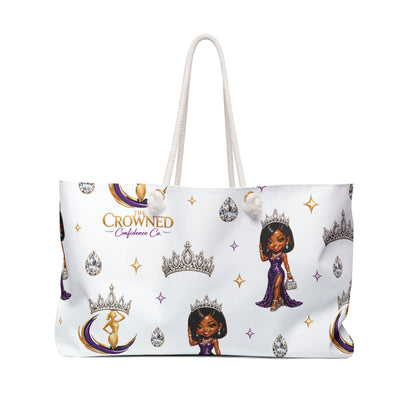 Tote bag with 'The Crowned Confidence Co' branding and princess designs on a white background