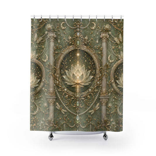 A shower curtain featuring an ornate baroque-style pattern in sage green and gold, with central oval medallions, columns, crescent moons, and a glowing lotus motif, shown hanging over a white bathtub against a light gray background.