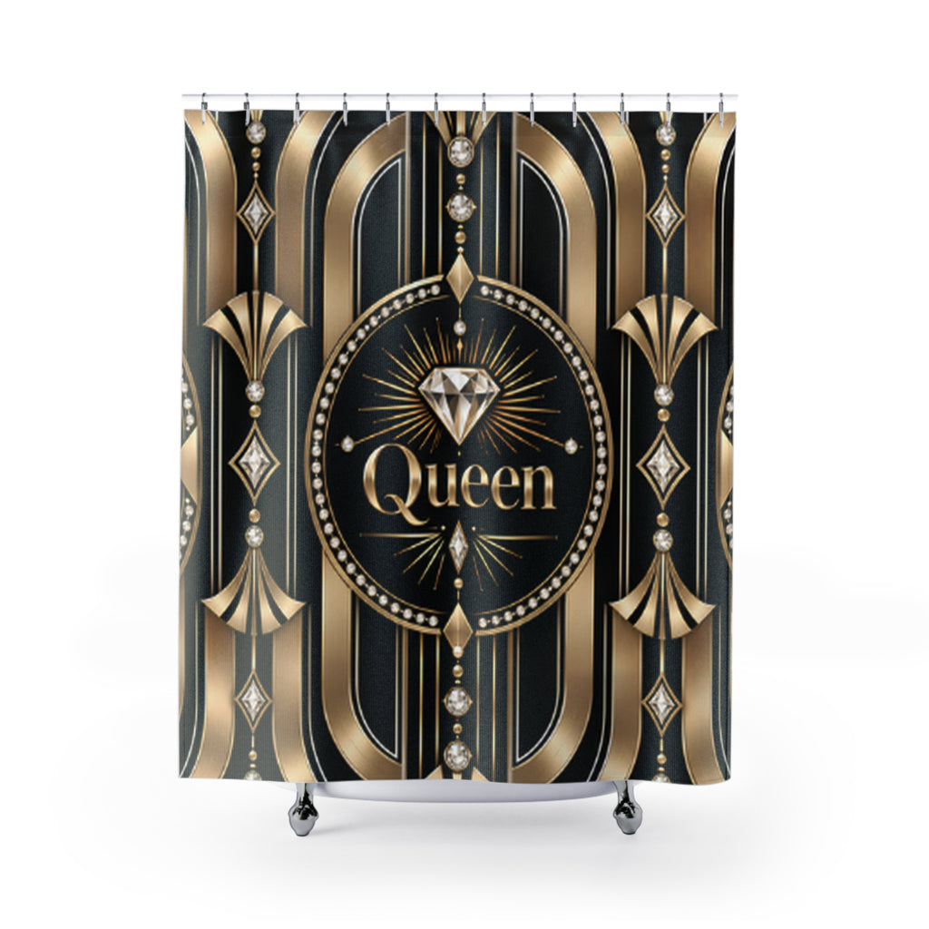 Queen Diamond Art Deco Shower Curtain — Luxury Black & Gold Bathroom Decor