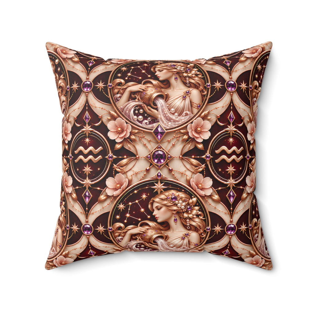 A square decorative throw pillow featuring an ornate celestial and floral pattern in dark brown, beige, and gold, with purple gemstone accents and classical female figures.