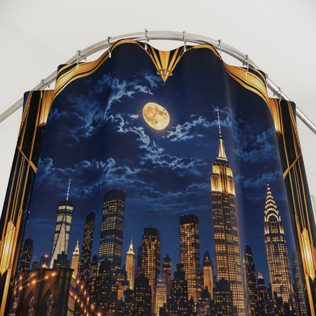 Midnight in Manhattan – Navy Blue & Gold NYC Skyline Shower Curtain | Luxury Art Deco Bathroom Décor