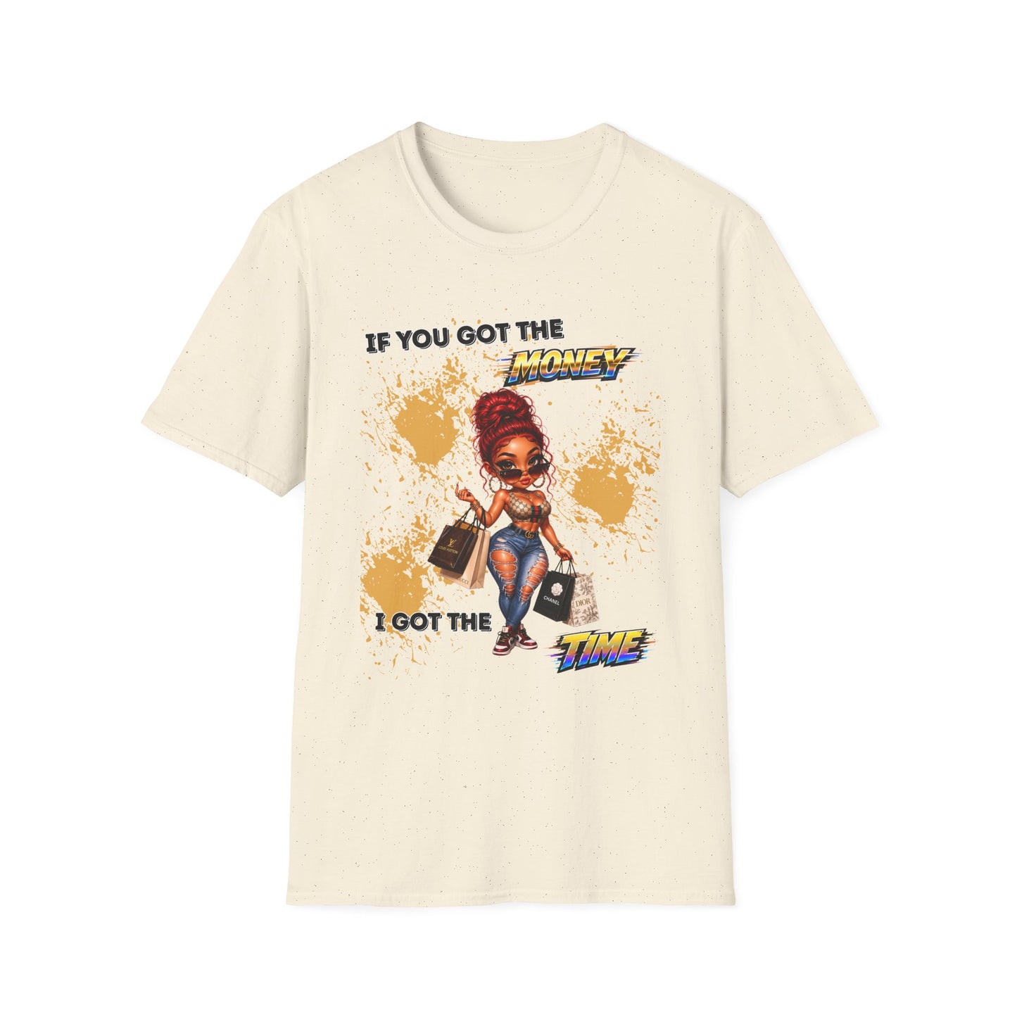 Beige t-shirt with graphic design of a woman and text on a white background
