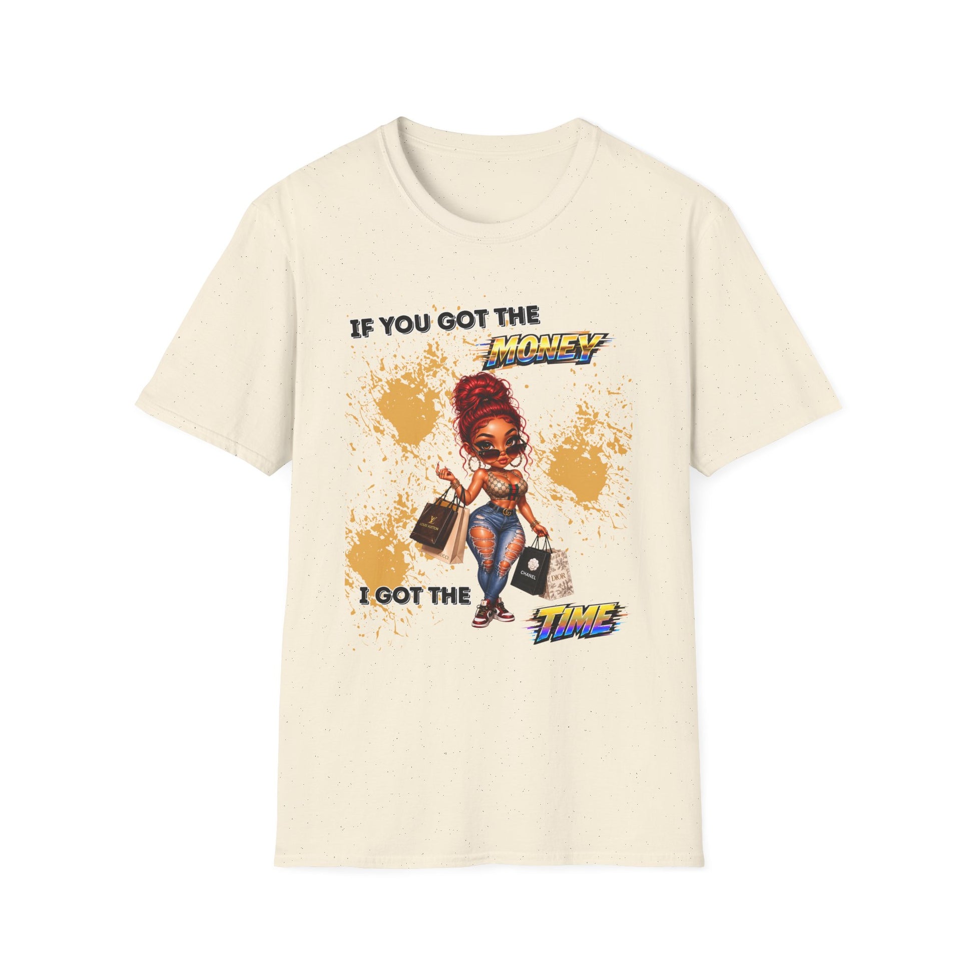 Beige t-shirt with graphic design of a woman and text on a white background