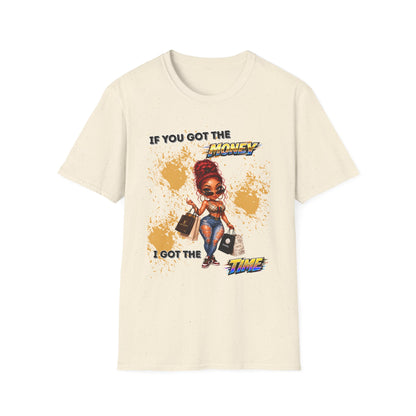 Beige t-shirt with graphic design of a woman and text on a white background
