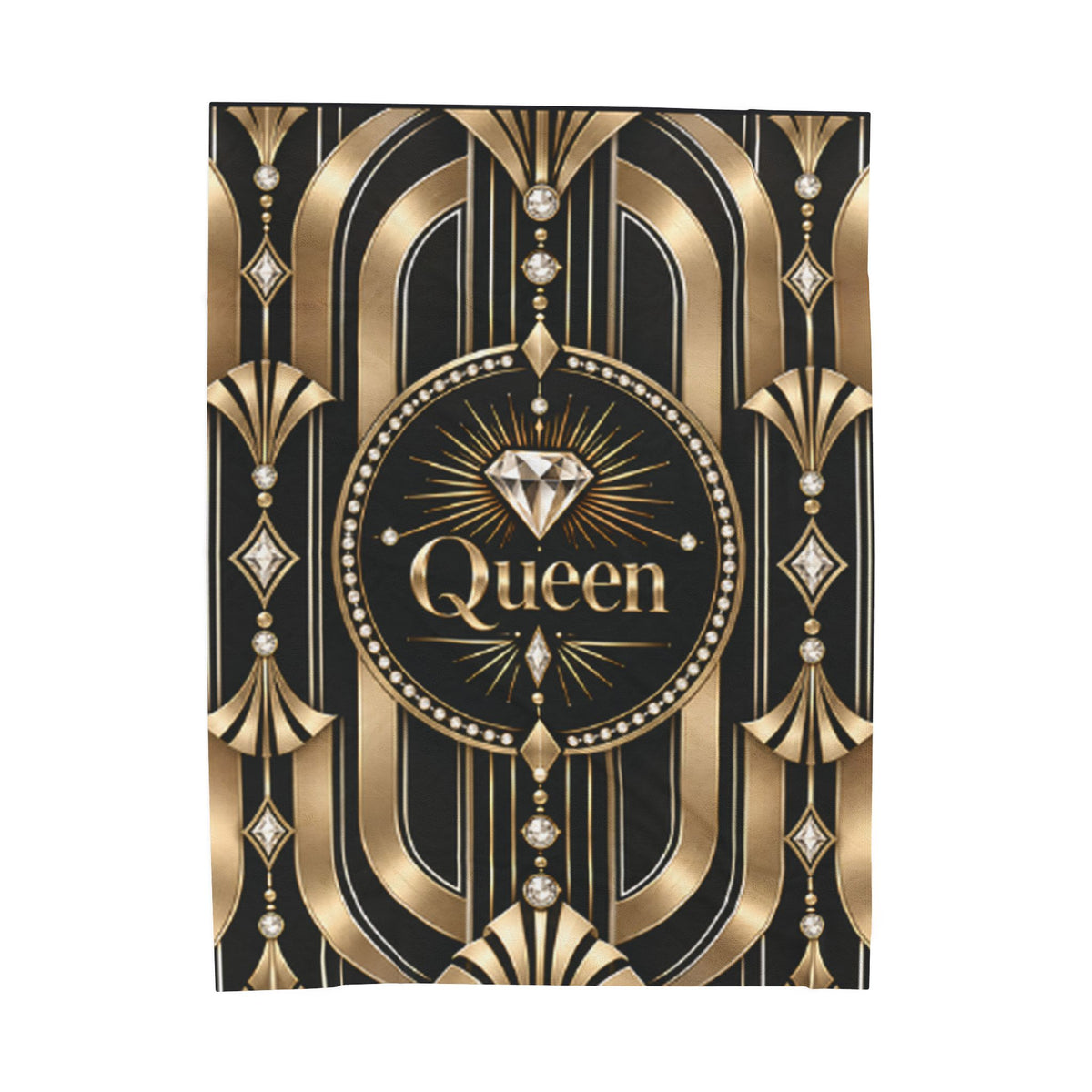 An Art Deco style party banner or flag featuring a black and gold striped pattern with a central circular emblem containing a diamond graphic and the word 'Queen' in gold lettering.