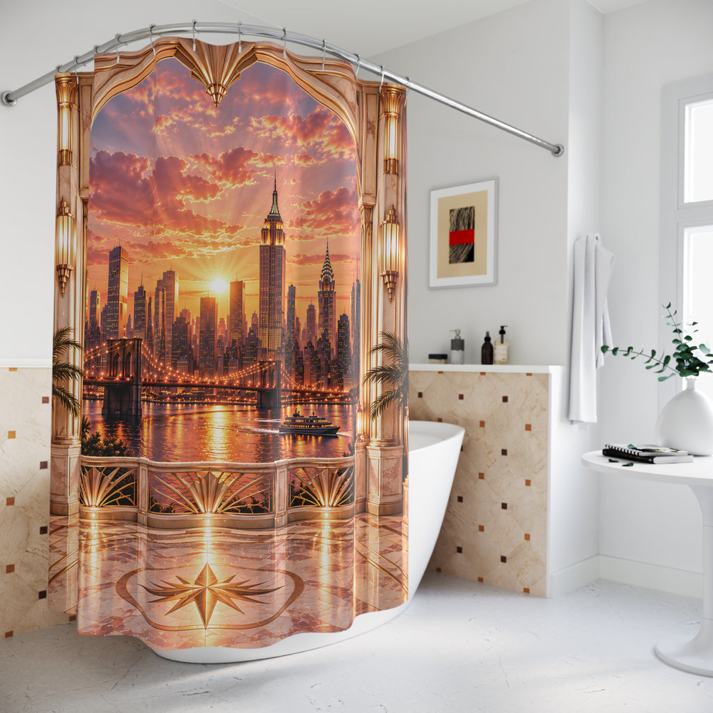 Manhattan Rose Gold Sunrise Luxury Shower Curtain | Blush Pink & Champagne Gold NYC Skyline Art Deco Bathroom Décor