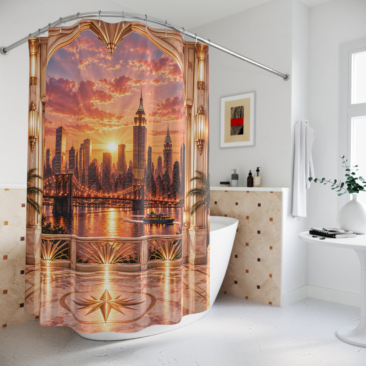 Manhattan Rose Gold Sunrise Luxury Shower Curtain | Blush Pink & Champagne Gold NYC Skyline Art Deco Bathroom Décor